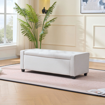 48英寸卧室床尾储物长凳，仿亚麻布面软垫储物凳，带扶手，适用于卧室、客厅、玄关，米色