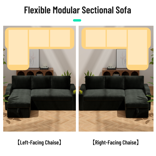 可转换灯芯绒L型储物沙发床，带杯架扶手，现代风格客厅折叠沙发-6