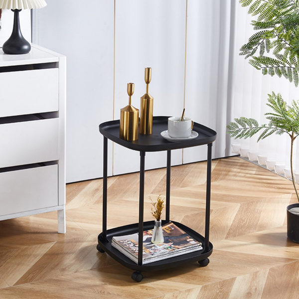 推车置物架 二层 黑 移动小边几 4塑料轮带刹车-1