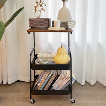 小推车置物架 黑色铁架+深木纹桌板 带轮