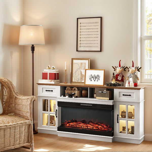 棕色顶+水洗白柜体 178*34.6*82.4cm 密度板 二门二抽一搁架 带RGB & 36in壁炉芯 壁炉电视柜-8