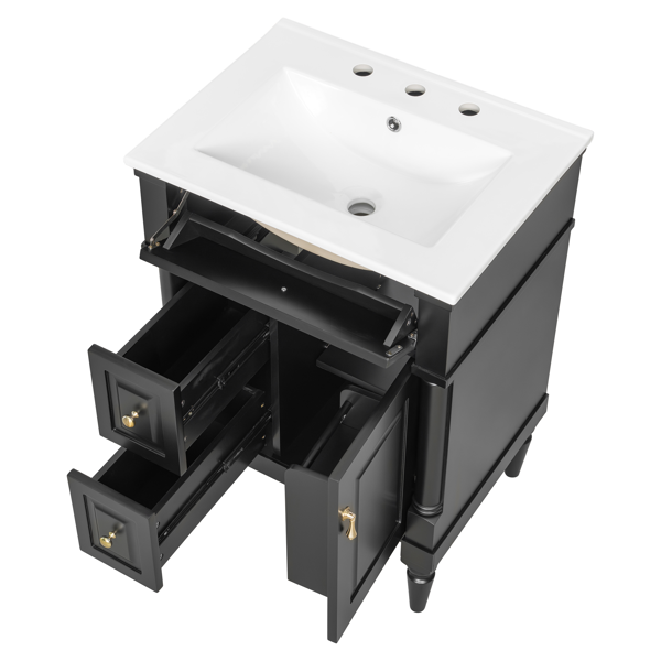 24英寸浴室柜，带水槽，黑色独立式浴室柜，带翻盖抽屉、可调节搁板、实心橡胶木框架、中密度纤维板和金属把手-3