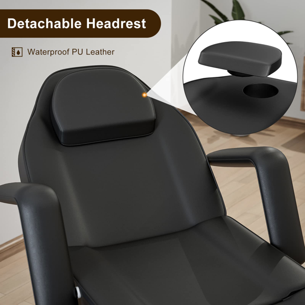 专业纹身床椅按摩床，带储物袋和毛巾挂钩，适用于美容师，可调节靠背及脚踏，三段式，黑色-4