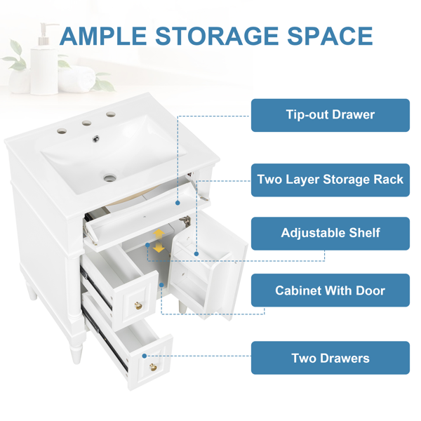 24英寸浴室柜，带水槽，白色独立式浴室柜，带翻盖抽屉、可调节搁板、实心橡胶木框架、中密度纤维板和金属把手-7