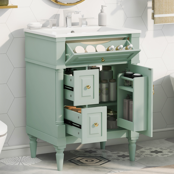 24英寸浴室柜，带水槽，绿色独立式浴室柜，带翻盖抽屉、可调节搁板、实心橡胶木框架、中密度纤维板和金属把手-2