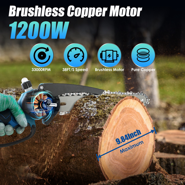 （物流随机发，自提可发加拿大）2合1无线伸缩锯与手持链锯，1200W无刷电机配双3000mAh电池，13英尺可调锯头，自动注油润滑系统及树木修剪安全套装-14