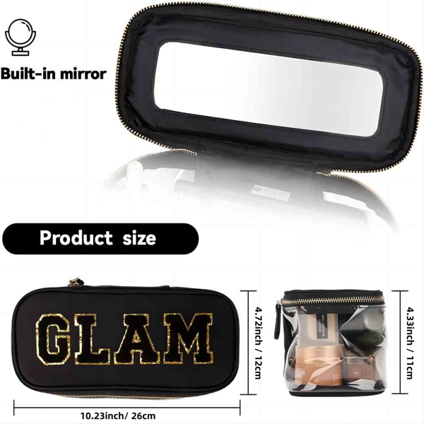 便携式雪尼尔字母透明学院风化妆拉链包 防水可折叠收纳袋 旅行储物手提包 适合度假旅行、浴室用-黑色-3