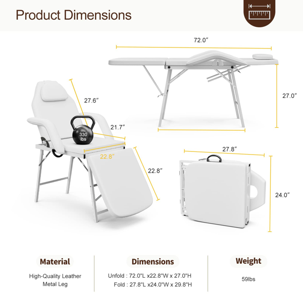 便携式客户纹身椅 72英寸，可折叠移动按摩床带收纳袋，白色-3
