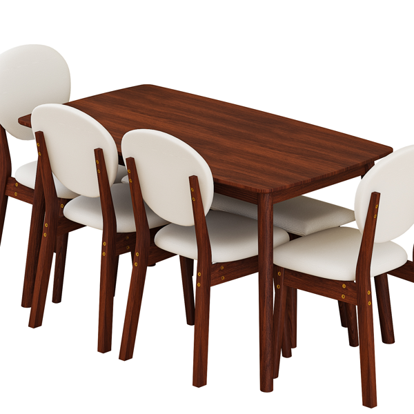 1桌4椅1凳 拆装 橡胶木+软包 深胡桃色 餐桌椅套装 米色坐垫 长方形-4