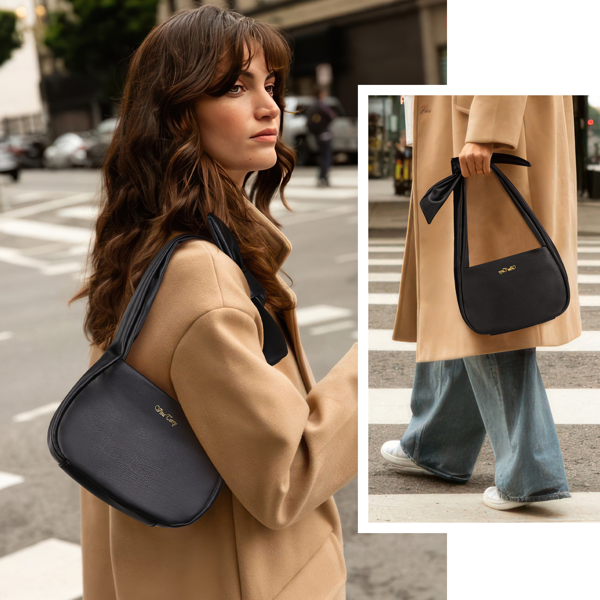 女士流浪者手提包，小号素皮流浪手提包肩包，带拉链-黑色-6