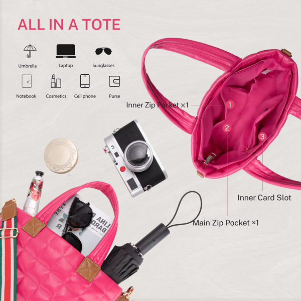 女士拉链手提包，轻便绗缝蓬松斜挎包，带肩带的加厚手提包-玫红-4