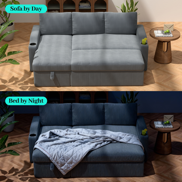 可转换灯芯绒L型储物沙发床，带杯架扶手，现代风格客厅折叠沙发-8