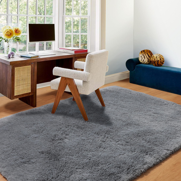 6英尺x 9英尺客厅地毯，灰色蓬松地毯，大毛绒绒，舒适柔软，防滑室内地板地毯，房间，卧室，游戏室，家居装饰美学-3