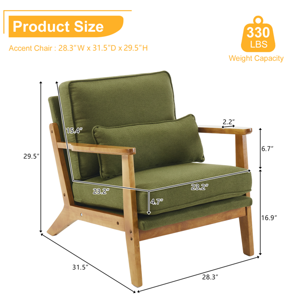 橡木扶手 单人休闲椅 橡木 软包 棉麻 墨绿色 室内休闲椅-4