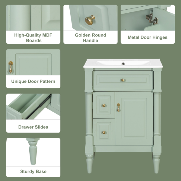 24英寸浴室柜，带水槽，绿色独立式浴室柜，带翻盖抽屉、可调节搁板、实心橡胶木框架、中密度纤维板和金属把手-11