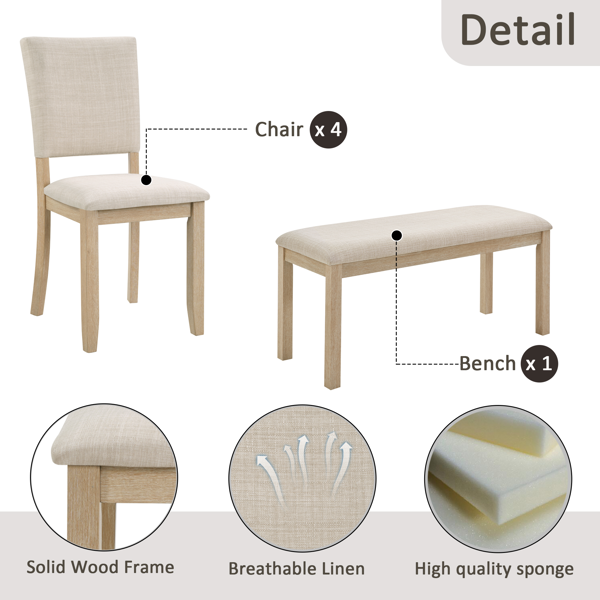 六件套餐桌椅组合，含长凳，木质长方形餐桌椅套装，含长凳和四把软垫餐椅，适用于客厅、厨房、餐厅，浅橡木色和米色-7