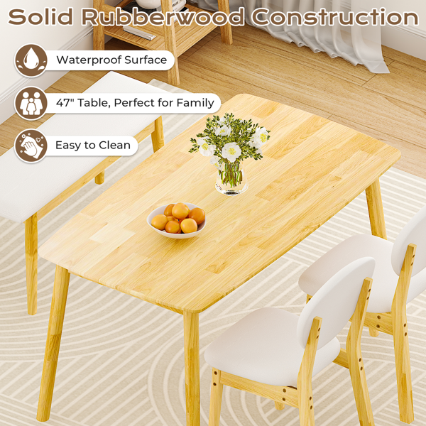 1桌2椅1凳 拆装 橡胶木+软包 原木色 餐桌椅套装 米色坐垫 长方形-12