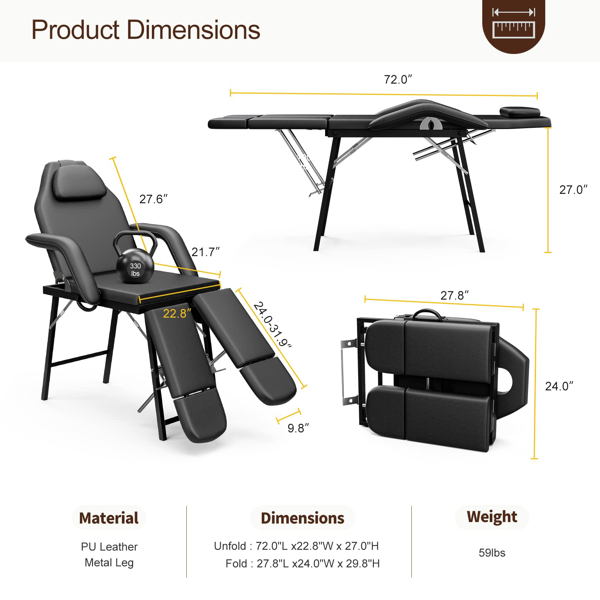 便携式纹身椅，配备可调节分体式腿架，适用于客户，移动水疗椅，可折叠，带收纳袋，长度可调73“-81”，黑色-2