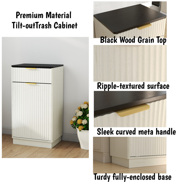 10加仑木纹倾斜式垃圾桶柜，带波浪纹理隐藏式抽屉拉出式垃圾桶，多功能厨房/浴室收纳柜，仿古白色饰面-15