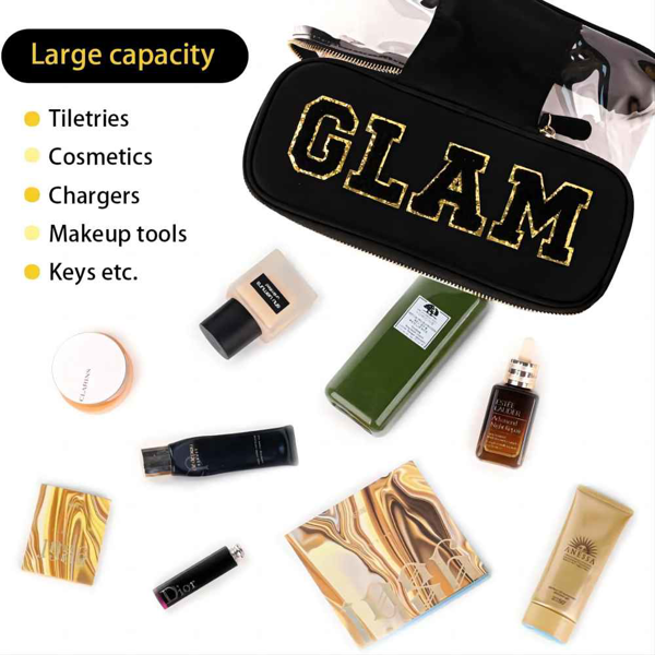 便携式雪尼尔字母透明学院风化妆拉链包 防水可折叠收纳袋 旅行储物手提包 适合度假旅行、浴室用-黑色-2