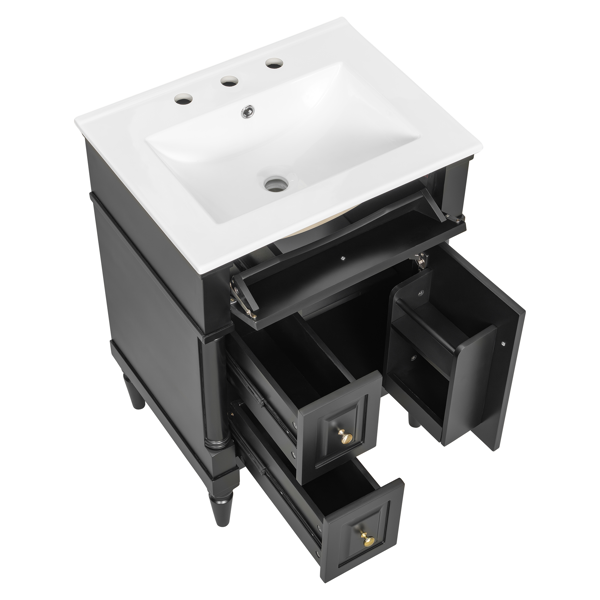24英寸浴室柜，带水槽，黑色独立式浴室柜，带翻盖抽屉、可调节搁板、实心橡胶木框架、中密度纤维板和金属把手-2