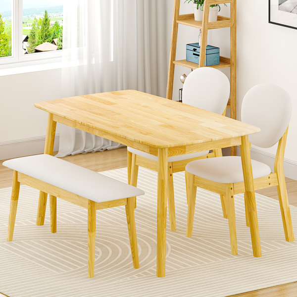 1桌2椅1凳 拆装 橡胶木+软包 原木色 餐桌椅套装 米色坐垫 长方形-18
