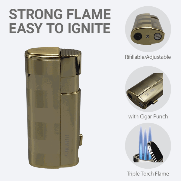 SIKARO®飓风* 三直冲专用高档雪茄打火机带雪茄打孔器钛金雪茄香烟厨房户外可重复充气可调节火焰高度便携式-3