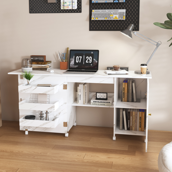 57.5英寸可折叠缝纫机桌，带锁定脚轮，多功能储物工艺工作台，带搁板、收纳箱和柜子，可调节缝纫柜，适用于家庭、卧室和工艺室（白色）