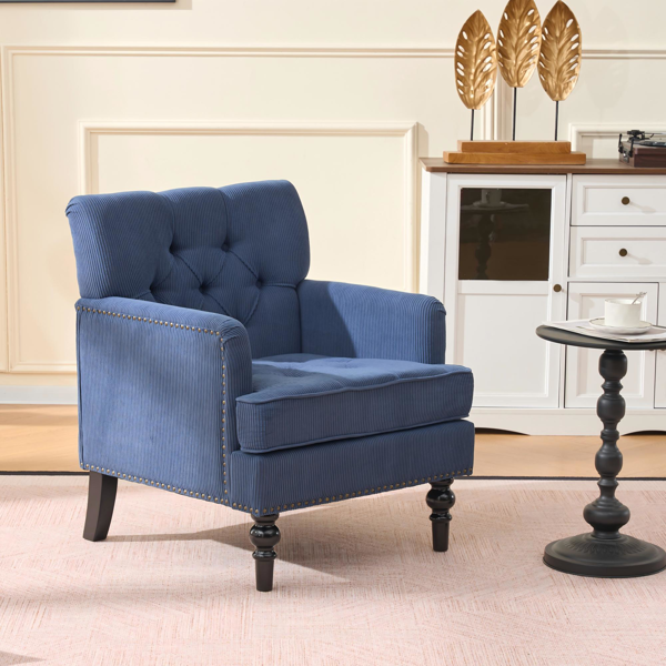 簇绒单人沙发椅，休闲椅，软垫纽扣扶手椅，亚麻面料灯芯绒沙发椅，适用于卧室、客厅，中世纪现代风格，带铆钉阅读椅，蓝色-8
