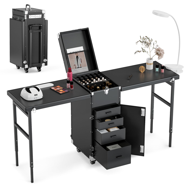 带轮移动美甲台，便携式美甲桌，折叠美甲桌配指甲油托盘及收纳空间，旅行美甲箱配可拆卸可调高工作台-1
