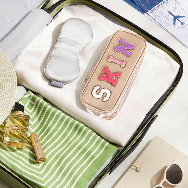便携式雪尼尔字母透明学院风化妆拉链包 防水可折叠收纳袋 旅行储物手提包 适合度假旅行、浴室用-卡其色-5
