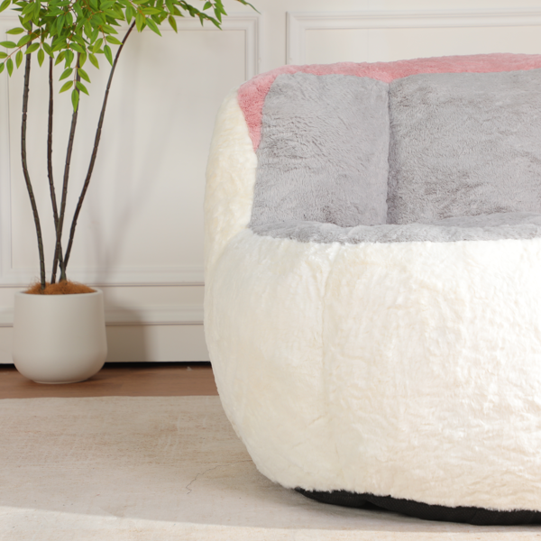 超大豆袋椅、填充海绵丝的多色人造毛皮沙发、客厅大沙发、无需组装、白色+灰色+粉色-5