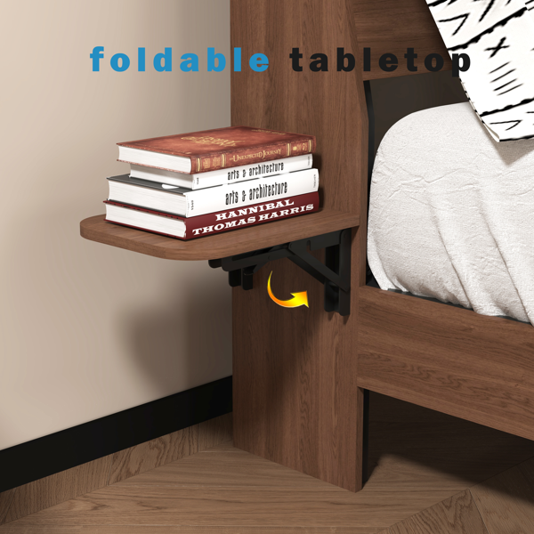 带LED灯和充电站的悬浮式床架（皇后尺寸），胡桃木材质，带储物床头板，无需弹簧床垫，易于组装。-7