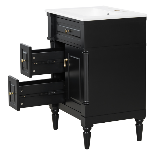 24英寸浴室柜，带水槽，黑色独立式浴室柜，带翻盖抽屉、可调节搁板、实心橡胶木框架、中密度纤维板和金属把手-11