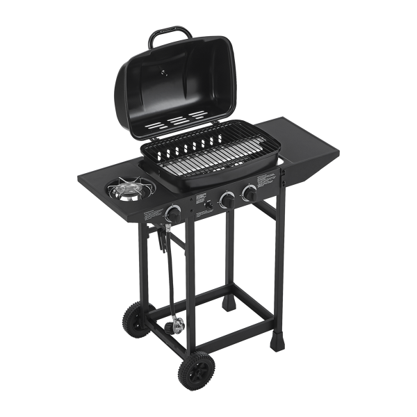 双燃烧器丙烷燃气烧烤炉，带侧炉，24000 BTU功率输出，不锈钢材质，配备搪瓷烤架和侧边置物台，适用于户外烹饪、厨房和庭院后院。-14