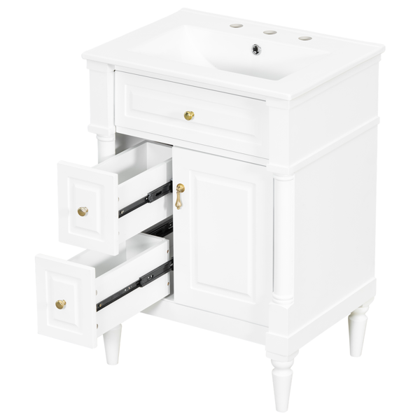 24英寸浴室柜，带水槽，白色独立式浴室柜，带翻盖抽屉、可调节搁板、实心橡胶木框架、中密度纤维板和金属把手-3