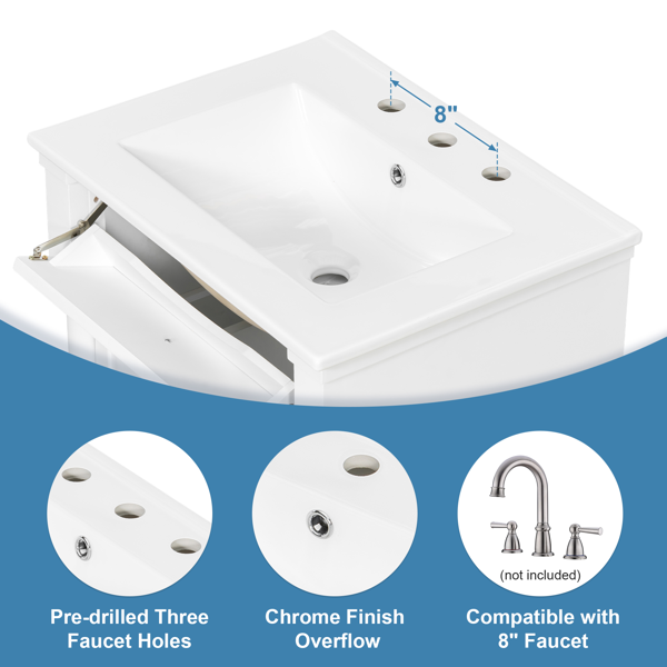 24英寸浴室柜，带水槽，白色独立式浴室柜，带翻盖抽屉、可调节搁板、实心橡胶木框架、中密度纤维板和金属把手-6