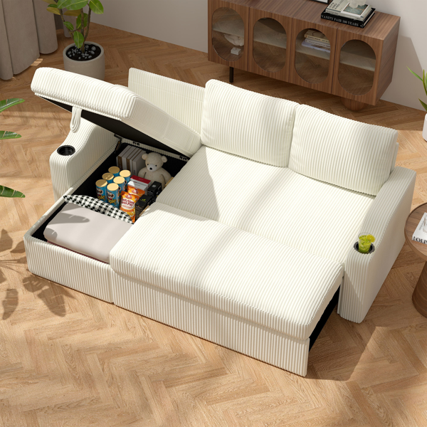 可转换灯芯绒L型储物沙发床，带杯架扶手，现代风格客厅折叠沙发-2