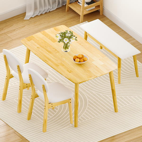 1桌2椅1凳 拆装 橡胶木+软包 原木色 餐桌椅套装 米色坐垫 长方形-19