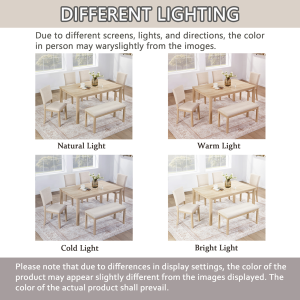 六件套餐桌椅组合，含长凳，木质长方形餐桌椅套装，含长凳和四把软垫餐椅，适用于客厅、厨房、餐厅，浅橡木色和米色-8