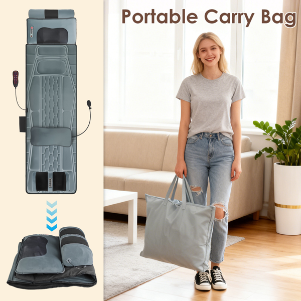 （自提可发加拿大，temu&tk下自提单）全身加热按摩垫，配备12个按摩头与9种振动模式，可拆卸指压式颈部及足部按摩器，缓解背部/腿部疼痛--法兰灰-7