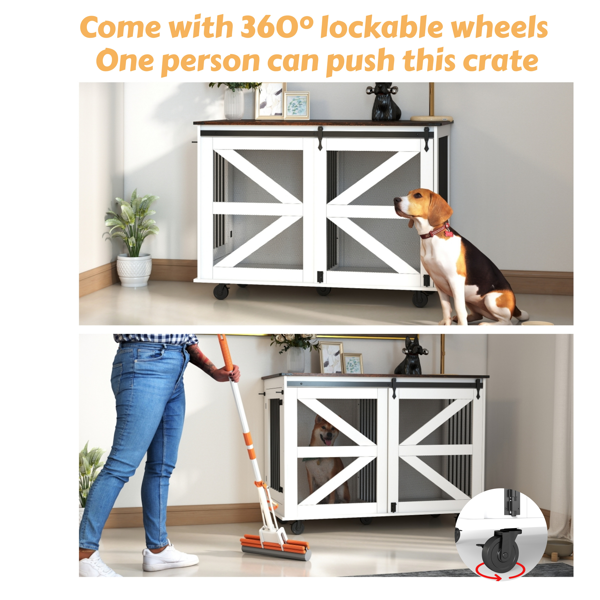 47.2英寸移动式狗笼，带翻盖式喂食门、双向开口和5个万向轮（其中2个带锁定功能），侧面配有挂钩——多功能宠物笼，也可作为双狗笼家具使用。-22