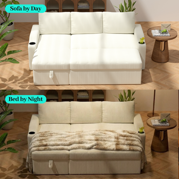 可转换灯芯绒L型储物沙发床，带杯架扶手，现代风格客厅折叠沙发-6