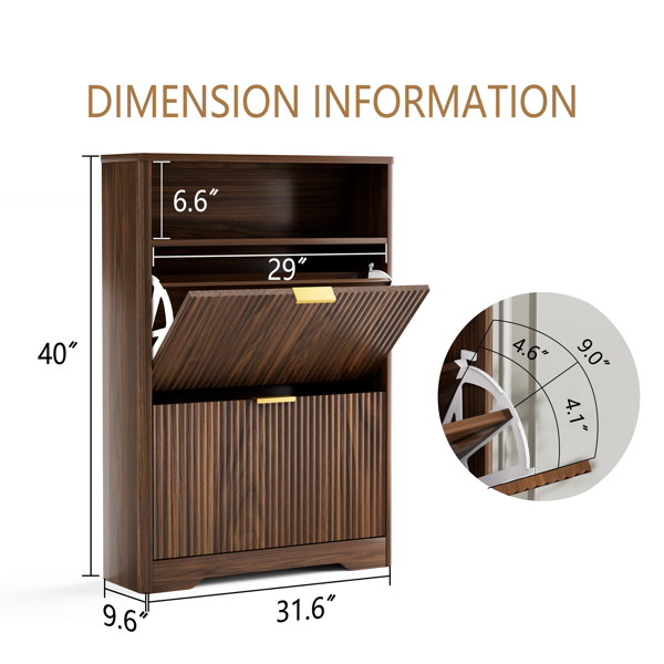 玄关鞋柜收纳柜，隐藏式鞋柜，带2个翻盖抽屉，高大独立式鞋架，适用于门厅、走廊。胡桃木色，长31.6英寸 x 宽9.6英寸 x 高40英寸。-8