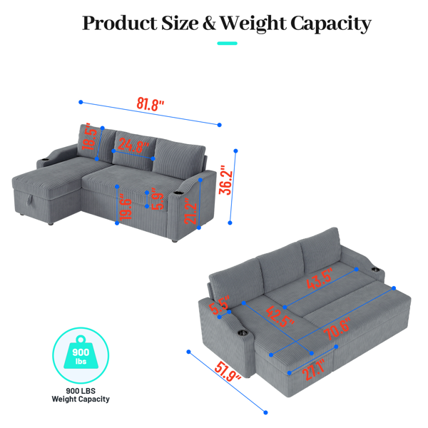 可转换灯芯绒L型储物沙发床，带杯架扶手，现代风格客厅折叠沙发-4