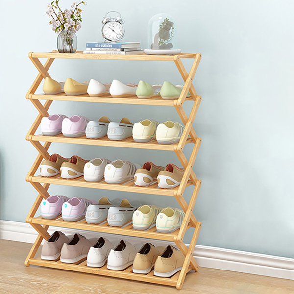 鞋架 楠木 原木色70cm 6层 免安装 折叠-1