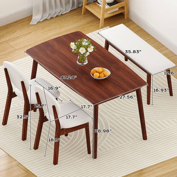 1桌2椅1凳 拆装 橡胶木+软包 深胡桃色 餐桌椅套装 米色坐垫 长方形-21