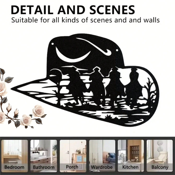 CIFbuy™ 铁艺西部牛仔帽剪影装饰画，乡村风墙面挂饰，西部主题家居软装（在 TikTok、temu 下可自提）-2