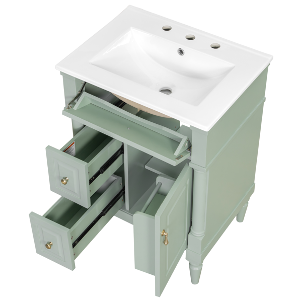 24英寸浴室柜，带水槽，绿色独立式浴室柜，带翻盖抽屉、可调节搁板、实心橡胶木框架、中密度纤维板和金属把手-10
