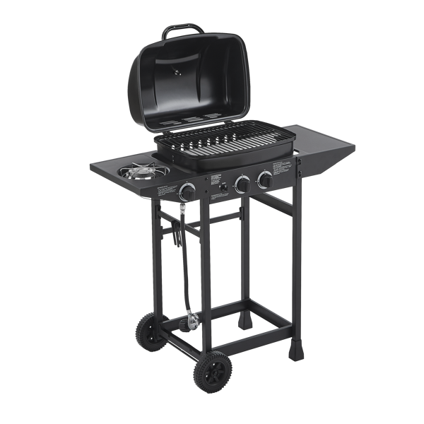 双燃烧器丙烷燃气烧烤炉，带侧炉，24000 BTU功率输出，不锈钢材质，配备搪瓷烤架和侧边置物台，适用于户外烹饪、厨房和庭院后院。-11